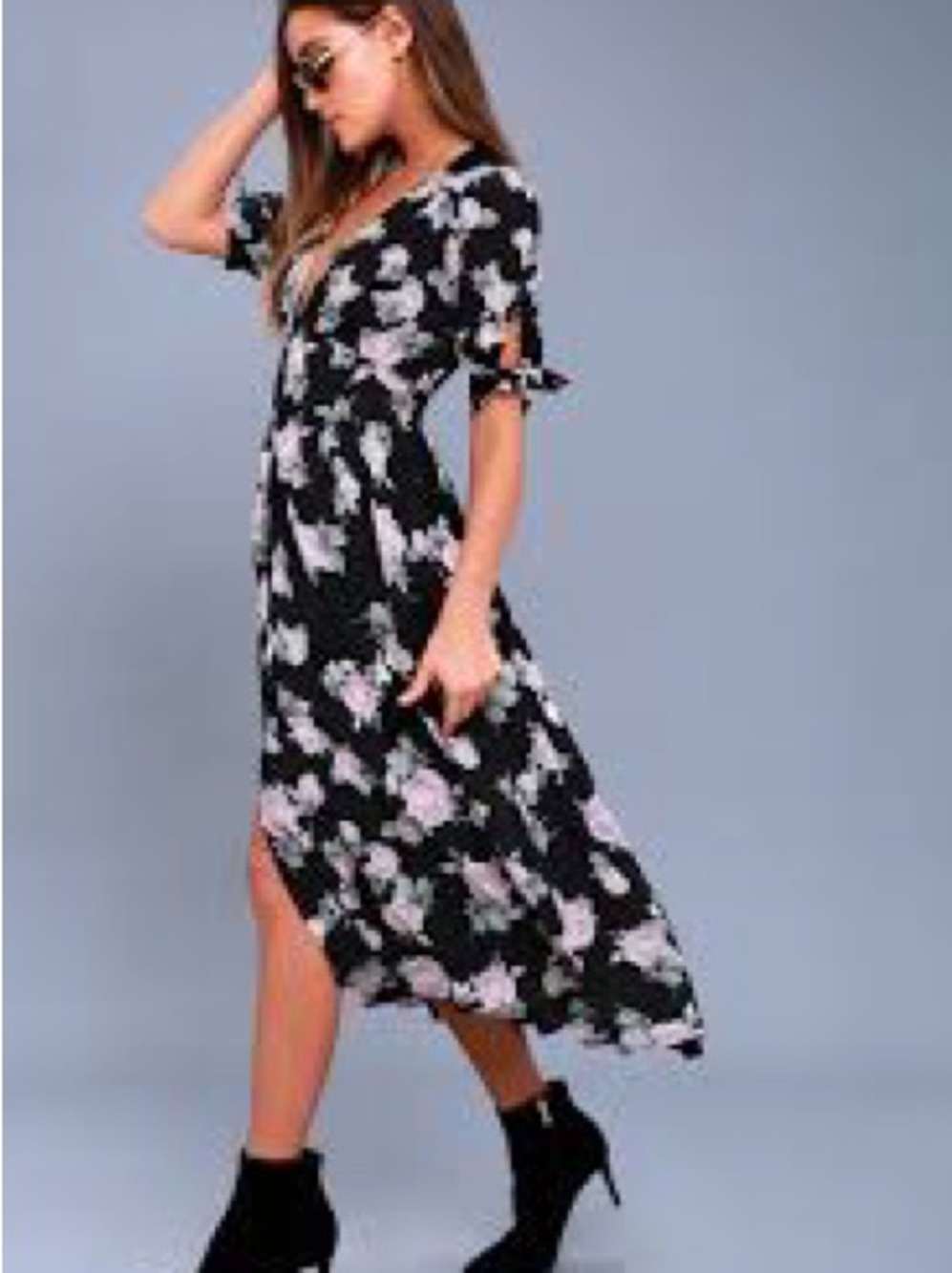 Free People Love of My Life Black Midi Dress with Lilac Floral Print